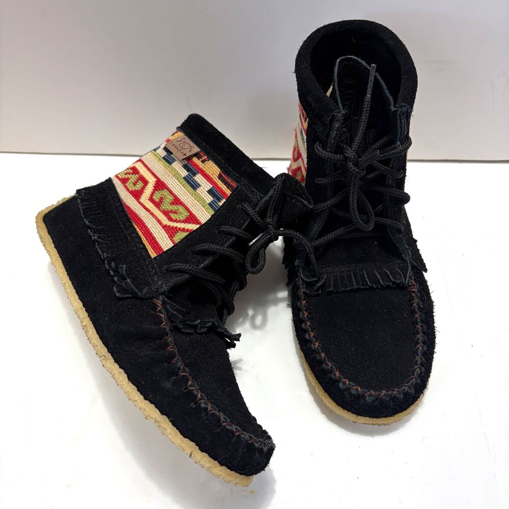 Laurentian Chief Black Suede Moccasin Boots Fringe Woven Tapestry Size 7 Canada